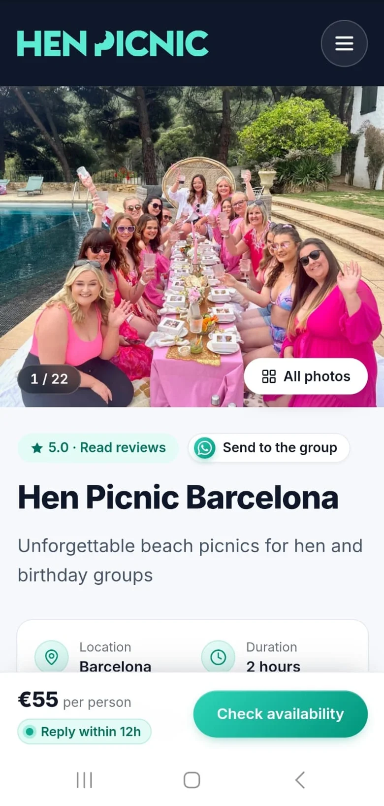 Hen Picnic Barcelona homepage on a phone